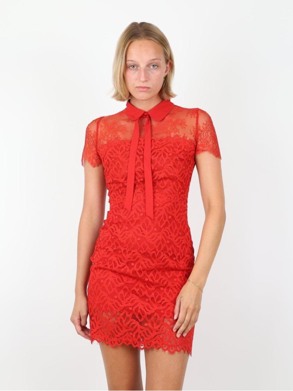 Red Lace Midi Dress with Tie Neck